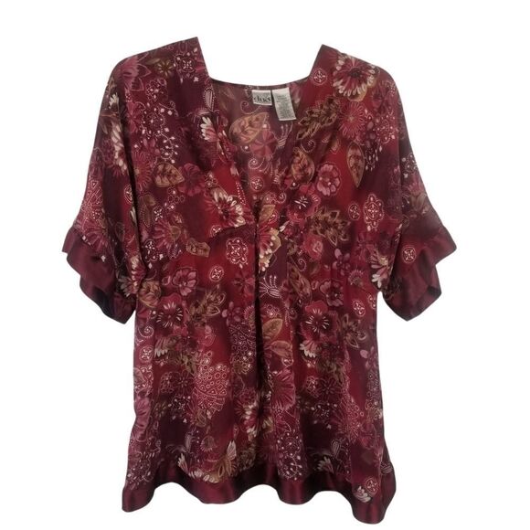 DUO MATERNITY SIZE L. 100% POLYESTER. BEAUTIFUL BURGANDY FLORAL W/SATIN LIKE HEM - Picture 1 of 15